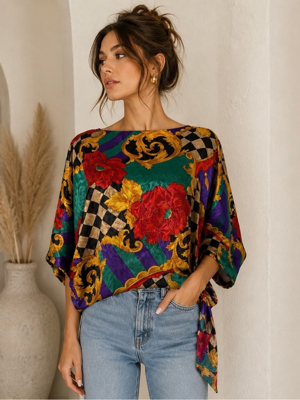 Vintage 80s Baroque Floral Satin Blouse Colorful Statement Top